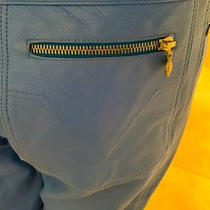 Cobalt leather Versace pants. Last collection before Gianni Versace died.